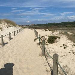 Boardwalk covered in sand and broken in some areas. Really hard to walk through