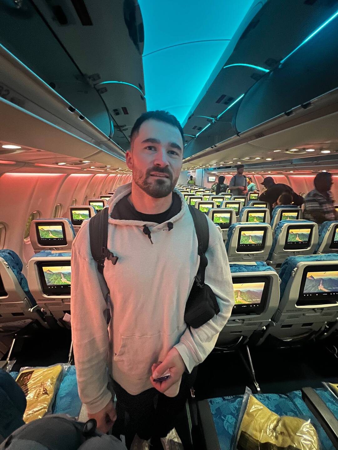 Sam 'happy' we are finally on the plane