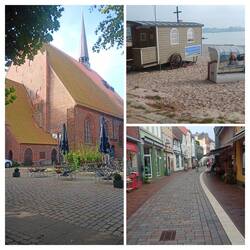 Eckernförde mit Nicolaj Kirche, Altstadt und Schäferkarrenkirche am Strand