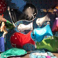 These are the colorful bags used to hold clothes while swimming down the Rhine.