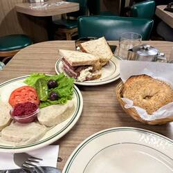Gefilte fish and Patrami and tongue sandwich