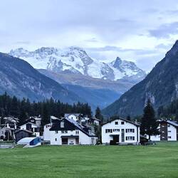 Village scene near Zermatt with Matterhorn above