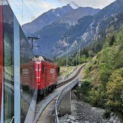 Train, river and mountain as we near Zermatt