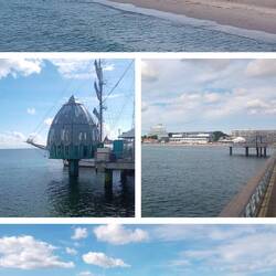 Grömitz, schönes Ostseebad mit Tauchglocke und Strand voller Körbe an der schönen Promenade