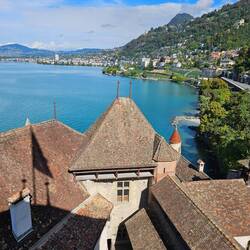 View from castle window to Lausanne and Lake Geneva