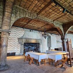 Dining room - 6 century-old wooden ceiling and ginormous fireplace