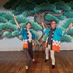 Henry and I with traditional clothing in Uchiko-za-Theater