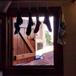 We may stay in nice places but this is the pilgrim's reality. Washing and drying clothes by hand.