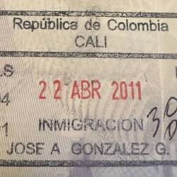My entry stamp for Cali. Note the stamp has the officer's name on it.