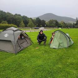 These two young guys were making the best of their trip.