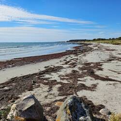 Even lekker chillen op een bankje in Klintholm Havn.
