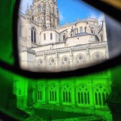 Looking at one of the Cathedral towers through Stained Glass