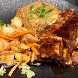 Asian fusion Pork Belly and rice. Tired of local food 😅