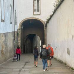 Walking toward the Pilgrim's office for our morning shift