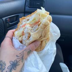 Then we hit the road but stopped to get the dodgiest chicken burger at a gas station. We survived it