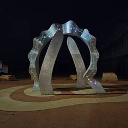 Monument acknowledging Broomes pearling history and Indiginous history (shell + boomerang)