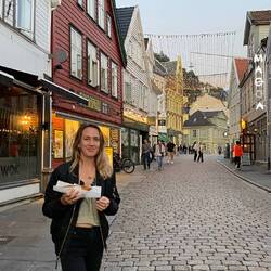 Decorated street at night near the waterfront