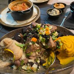 Dinner. Pork tenderloin with chestnuts & puree. Tomato rice