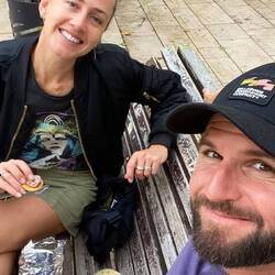 Our street bench picnic platter before we got rained on