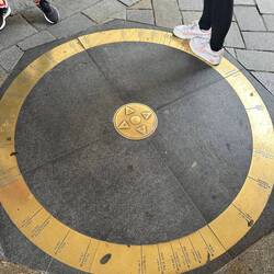 Bronze plaque showing distance to world capital's from centre of Bratislava