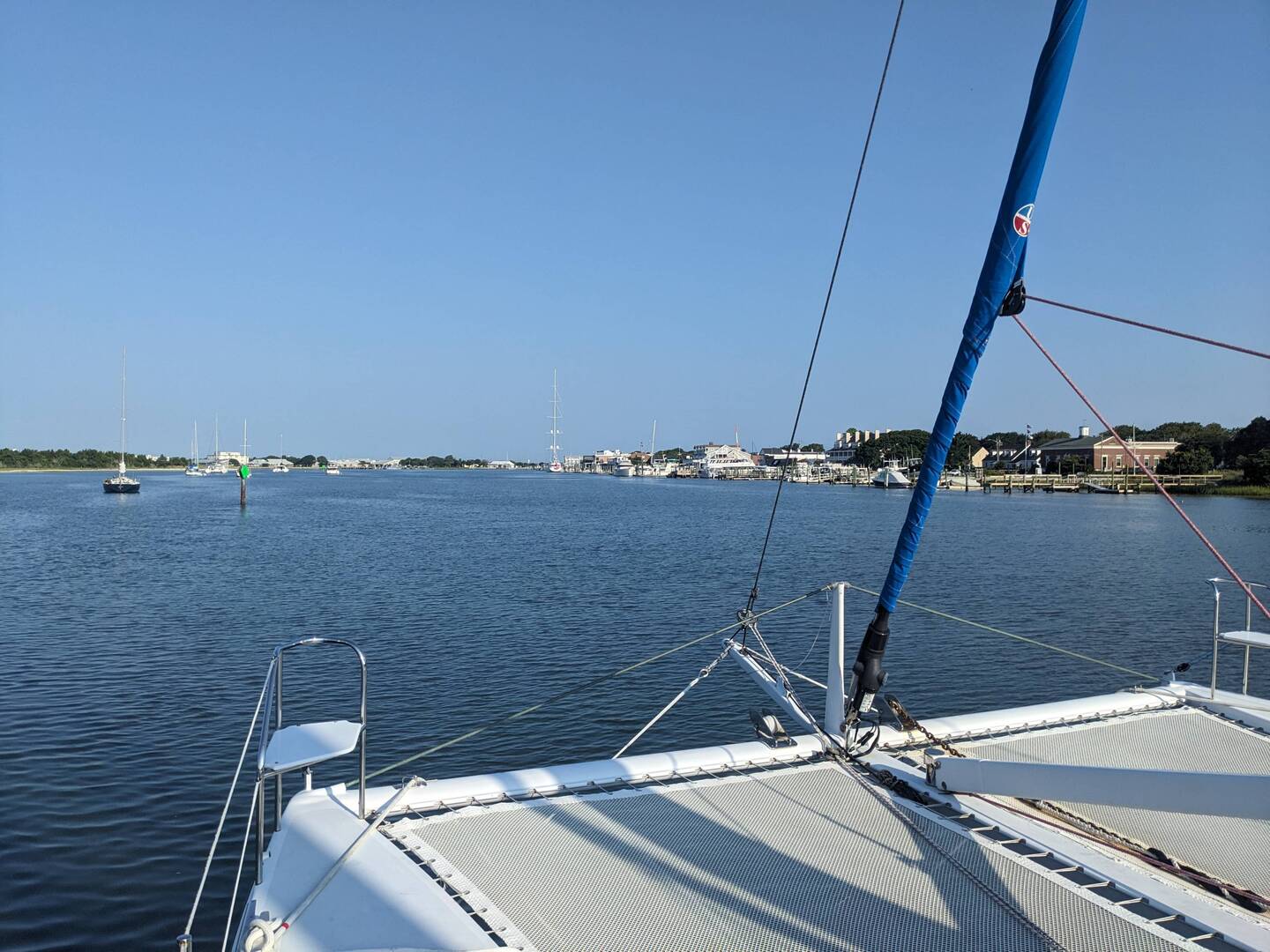 The anchorage between the island and the town.
