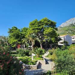 Gardens next to the Heritage Hotel Kaštelet. Can you spot the motorcycles?