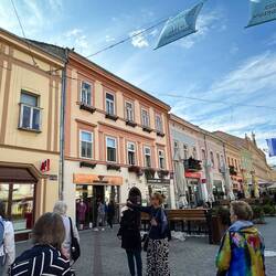 Example of multi-coloured buildings lining a main shopping street