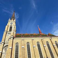 Intricate tiled roof of Catholic church