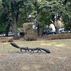 Sweet sculpture of foxes in waterfront park in Vidin