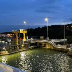Entering the second of two locks at twilight