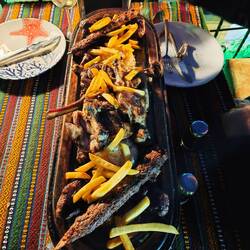 "All kinds of meat" on rice with chips. We also had salad I forgot to pic