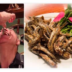 Mui takes a selfie as Deniz feeds him hamsi, a fish found only in the Black Sea — Kalyon, Alsancak.