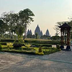 The Prambanan temple compound from a nearby restaurant