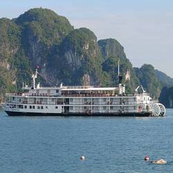 Our boat anchored while we climb
