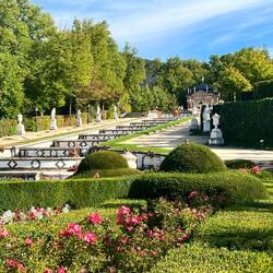Another view of the formal gardens and fountain opposite the front of the Palace
