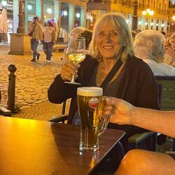 Sandi enjoying a wine with ice