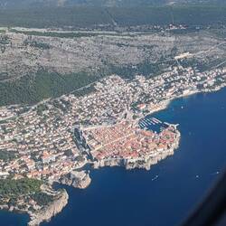 View of old town Dubrovnik flying in to the airport along the cost