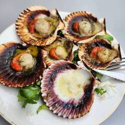 They serve the scallops still attached to the shell and include the roe.