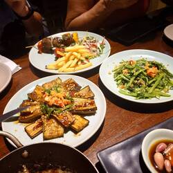 Roasted egg plant, steak chips and coleslaw