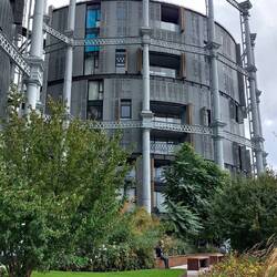 Kings Cross; Gasholder Park - residential apartments built into old gasholder frames