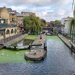Camden Lock; view of the Hampstead Road Locks from the Iron Footbridge over the canal