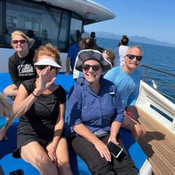 Nitamarie, Peggy, Debbie and Brian on the catamaran. Our tour leader, Sandy, taking the pic