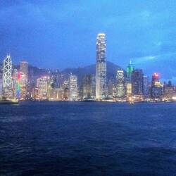 The Hong Kong Island lightshow as viewed from Tsim Sha Tsui.