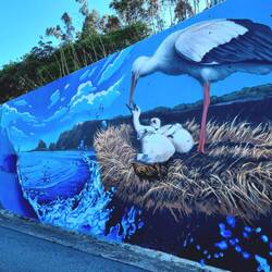 Coole Begrüssung beim Dorfeingang ... natürlich Weissstörche!