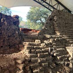 An ancient wall of Troy I, made of bricks, with a layer of newer bricks for protection