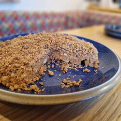 Homebaked streusel cake using the last of Vicky's parents' cooking apples