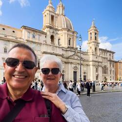 On our way from Palazzo Braschi to Hosteria Romana we stop for a photo op in Piazza Navona — Rome.