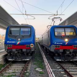 Our "rail chariot" from Rome is the train on the right — Civitavecchia Train Station, Italy.