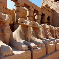 Amrun Ra in der Gestalt des Widders mit Ramses zwischen den Beinen