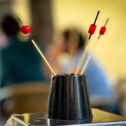 Some of the pins the waiter will use to calculate our bill — Barcelona, Spain.